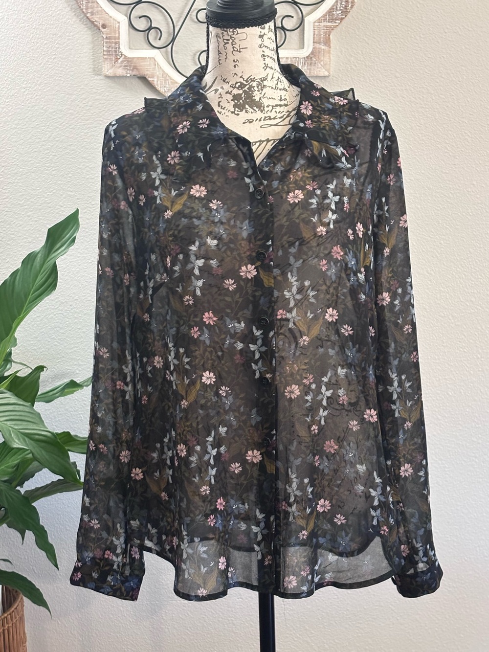 CAbi Black Sheer Floral Button-Up Blouse with Pink & Blue Blossoms